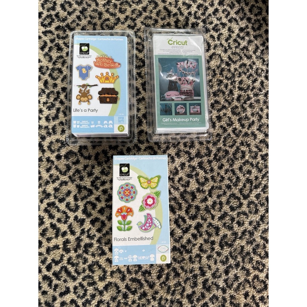 Lot 3 Cricut Cartridges Life's‎ A Party Girl's Makeup Party Florals Embellished